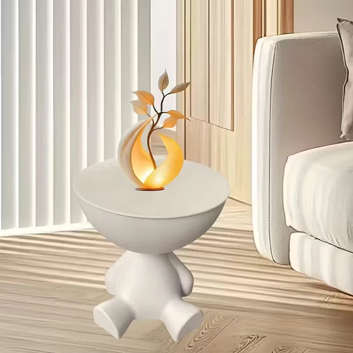 Gros plan sur la texture lisse et les courbes modernes de la table d’appoint ours design Nidora.