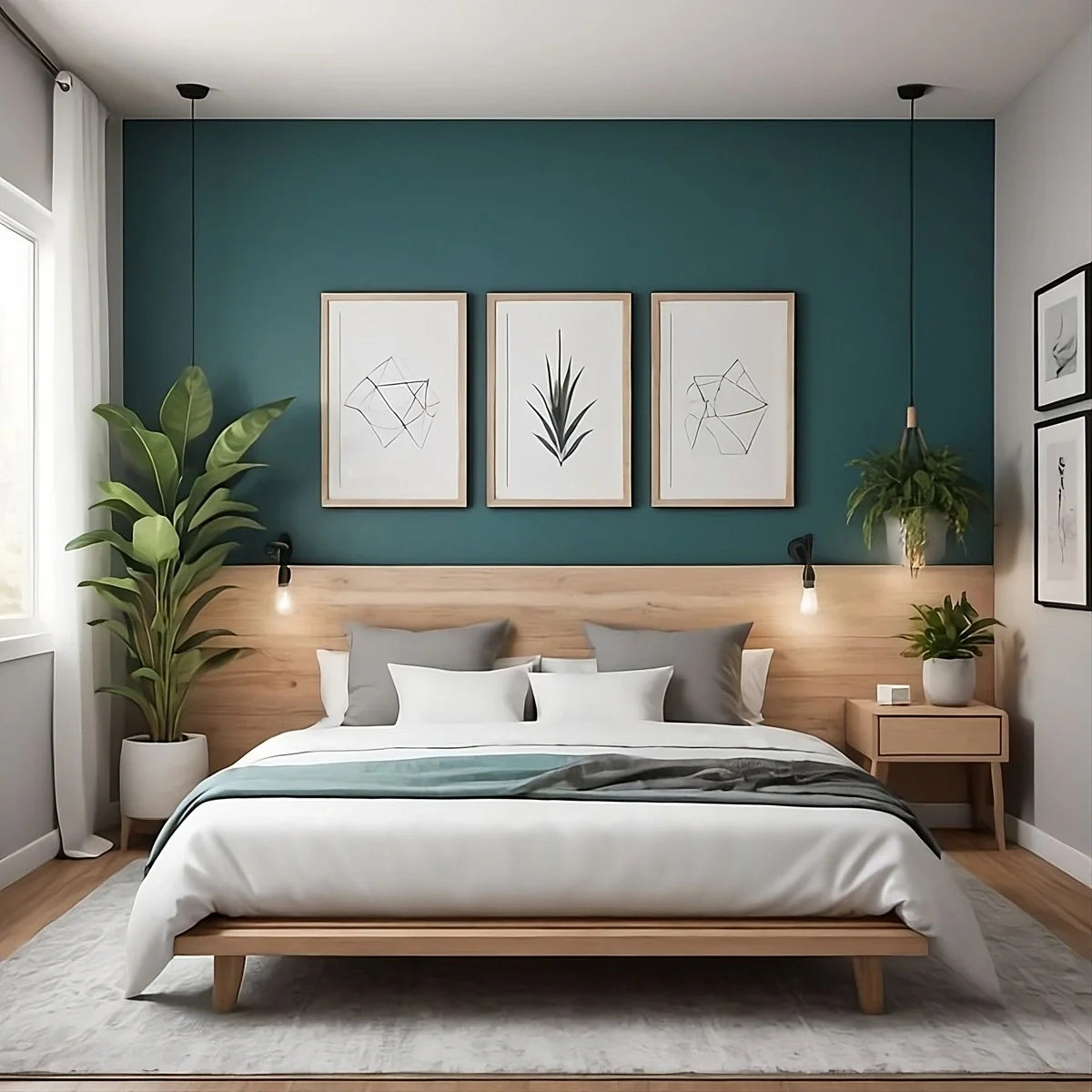 Chambre moderne et chaleureuse avec lit en bois clair, plantes vertes et décoration naturelle.