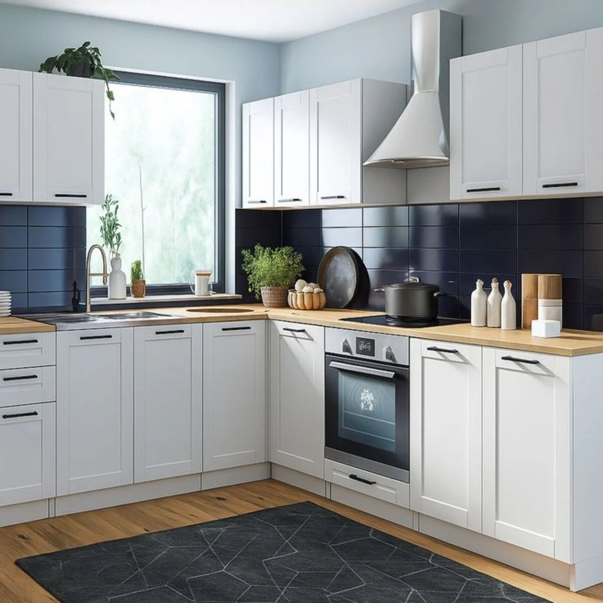 Cuisine lumineuse avec meubles blancs, plan de travail en bois et accessoires modernes.