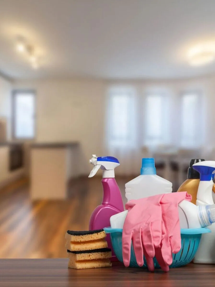 Produits et accessoires de nettoyage pour la maison, plan de travail et sol.