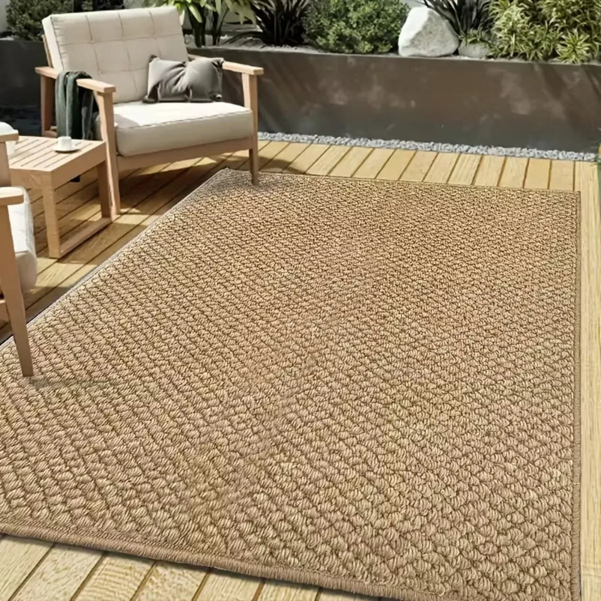 Tapis d’extérieur beige effet tressé naturel